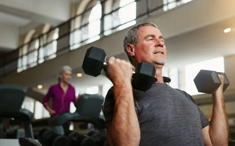 Un hombre mayor entrenando con pesas