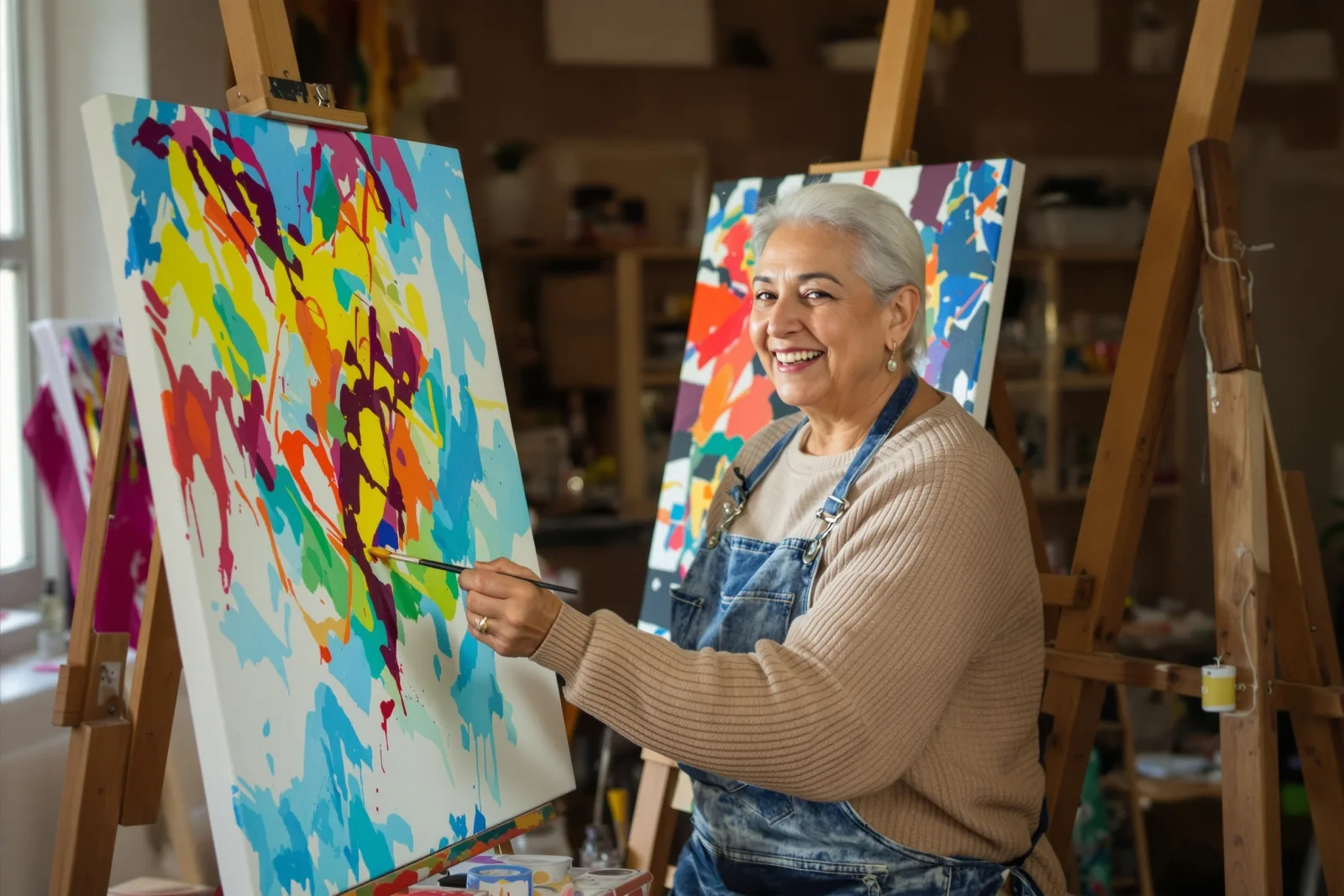 Una mujer mayor pintando un lienzo junto a una ventana luminosa